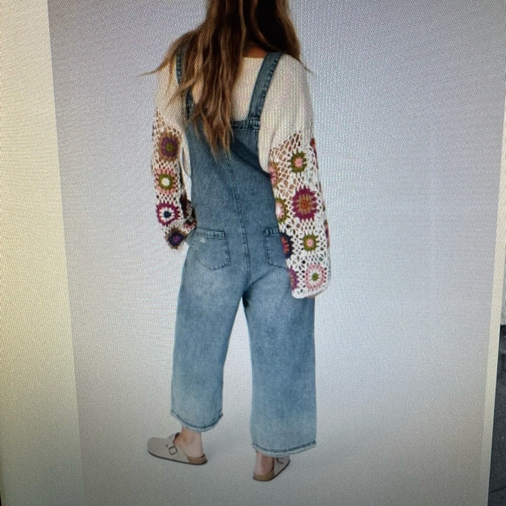 Blue Denim Overalls with Relaxed Fit and Wide-Leg Style